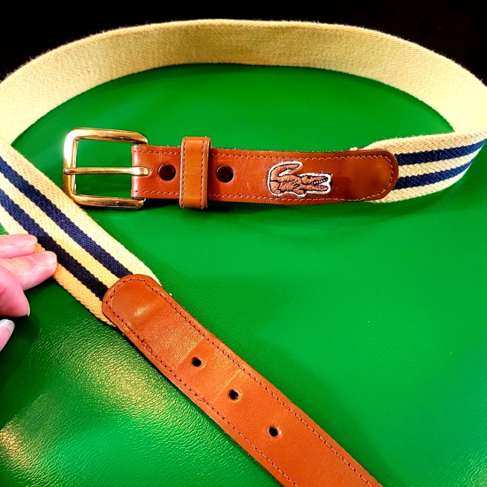 Vintage Lacoste Yellow/Navy Stripe Belt With Leather Ends. Size: Up To 31"